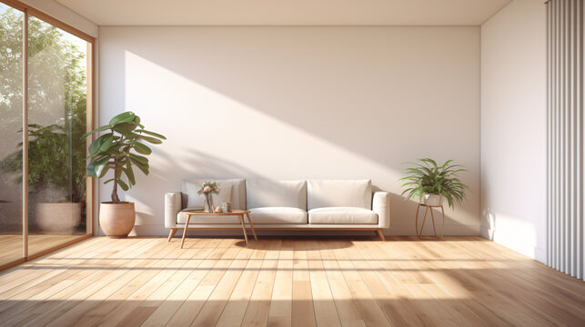 A rendered image showcasing an unoccupied living room