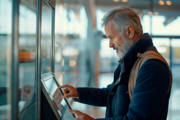 Handsome middle aged male passenger registers their air ticket for a flight at an electronic self-service terminal at the airport building - obrazy, fototapety, plakaty