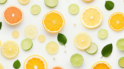 Tranches d'agrumes sur fond blanc. Agrume. Orange, citron jaune, citron vert, mandarine, pamplemousse. Fruits, acide. Pour conception et cr&eacute;ation graphique.