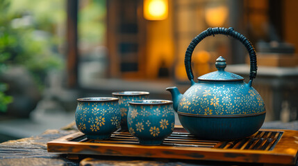 Details of tea sets and traditional Japanese or Chinese decor background