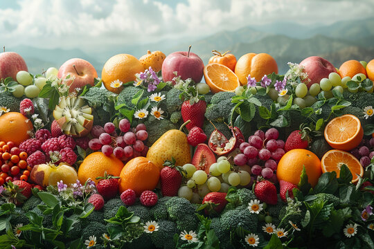 photorealistic still life of various fruits and vegetables arranged in the shape of landscape, fields, trees, hills