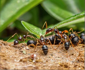 Ants diligently constructing a nest amidst garden greenery.
