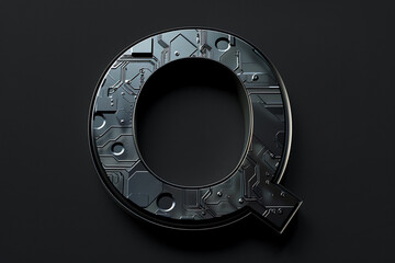 Futuristic circuit board typography, alphabet letter Q with metal texture and 3D rendering, modern computer abc, beautiful unique font or logo design for future, technology, digital 