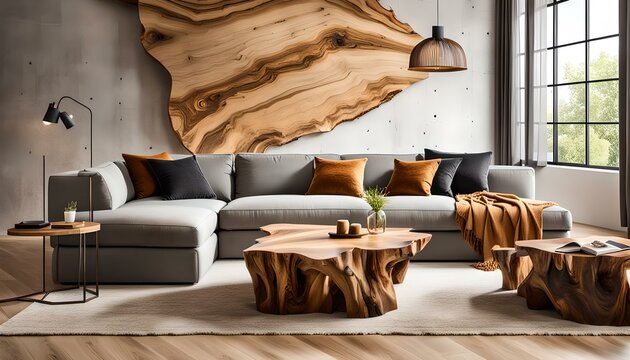 Canap&eacute; de luxe et table basse dans une pi&egrave;ce spacieuse. Design d'int&eacute;rieur minimaliste d'un salon moderne.