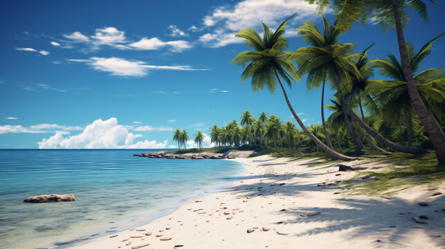 A serene beach with palm trees and a gentle breeze.  interior interior