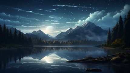 A serene lake reflecting a starry sky with a full moon