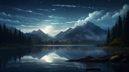 Afwasbaar Fotobehang Reflectie A serene lake reflecting a starry sky with a full moon