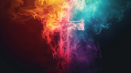 A colored smoke cross set against a black background. Vector-based artwork,Vector Art: Colored Smoke Cross on Black Background: Symbolic and Striking






