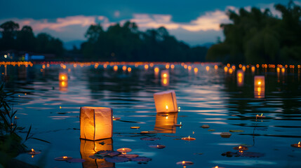 Lanterns floating on a calm lake during a festival background - Powered by Adobe