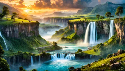 Zelfklevend Fotobehang Stunning landscape of waterfalls and mountains at sunrise or sunset © Ooga Booga