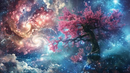 Fototapeta na wymiar Digital art piece showing a surreal blend of cherry blossom trees and cosmic elements, portraying the universe in bloom and the endless cycle of lif, AI Generative