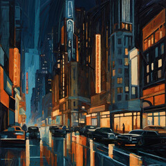 New York City at Night in Oil, The painting is full of life and excitement, and it is sure to be a conversation starter.
