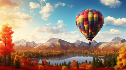 A shot of a hot air balloon floating in the autumn sky
