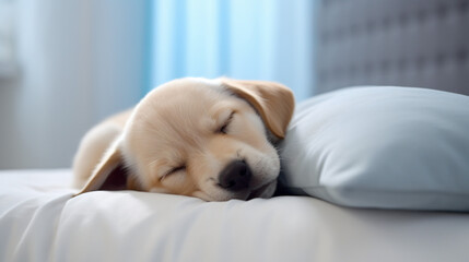 A sleepy young nice cute puppy dozing on a white pillow