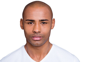 Close up photo amazing dark skin he him his man looking straight on camera kind sincere eyes shiny shaved face wearing white t-shirt outfit clothes isolated on grey background