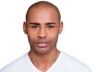 Close up photo amazing dark skin he him his man looking straight on camera kind sincere eyes shiny shaved face wearing white t-shirt outfit clothes isolated on grey background