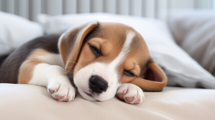 A sleepy young nice cute puppy dozing on a white pillow - obrazy, fototapety, plakaty