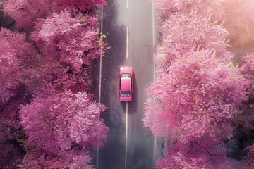 Elevated shot of a car driving through a cherry blossom tunnel, illustrating the journey and transition of season, AI Generative
