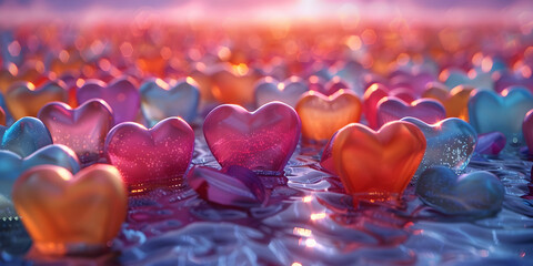 Blurred Valentines Day hearts in vibrant colors, A heart wallpaper with a lot of hearts on it,
