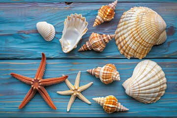 beach scene concept with sea shells and starfish on a blue wooden background 
