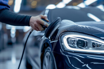 a hand polishing a car body using a portable polishing machine - obrazy, fototapety, plakaty