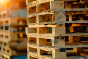 Stack of wooden pallets. shallow depth of field. bokeh generative ai