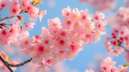 Cherry blossoms in full bloom against a clear blue sky background