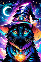 A beautiful black cat wearing a witch hat on the head, on a beautiful night with a very bright moon.
