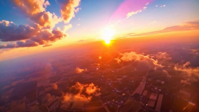 An aerial view of Sun illuminates Earth in vast celestial space, painting the sky with radiant hues of blue, orange, and red, amidst clouds and stars, as night transitions to day