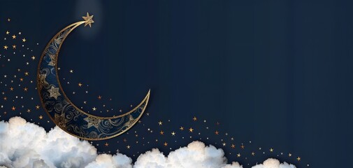 Illuminate Element gold crescent moon on cloud, isolated on starry Navy background. copy space. mockup. for Ramadan greeting card.	
