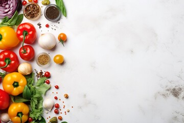 vegetables, herbs, spices on a light background, top view with a place for text.pepper, tomatoes, lime, dill