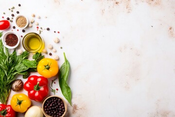 vegetables, herbs, spices on a light background, top view with a place for text. tomatoes, butter