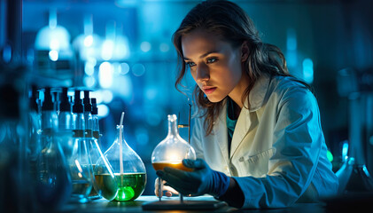 Young female scientist working in laboratory. Science, chemistry, medicine and people concept