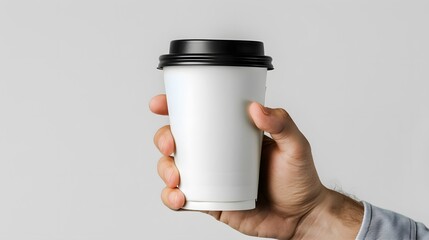 Hand holding white Plastic Disposable Cup or Coffee, Paper Cup with black cap isolated on grey background. take away. mockup.