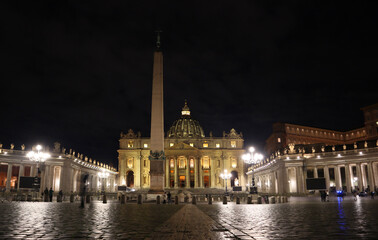 St. Peter's Cathedral at night time in the Vatican, Italy
