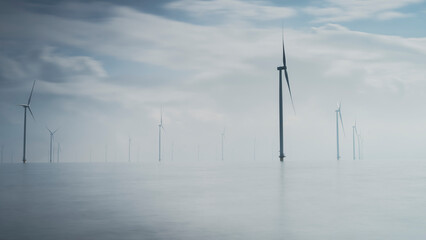 Offshore Windmill farm isolated at sea on a beautiful day, IJsselmeer, Netherlands - 755550946