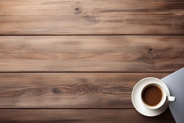 a cup of coffee with a saucer on a wooden table. with space for text, top view