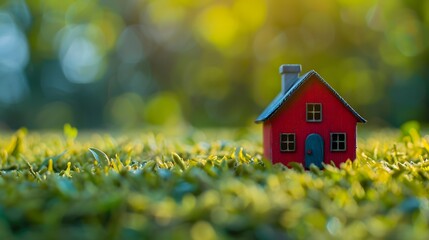 Small house miniature or toy on nature background.