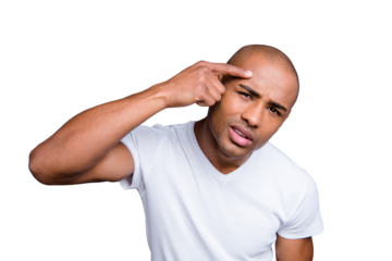 Close up photo dark skin he him his macho expertise skin hand arm on forehead not sure about action anti aging cream moisturizer wearing white t-shirt outfit clothes isolated on grey background
