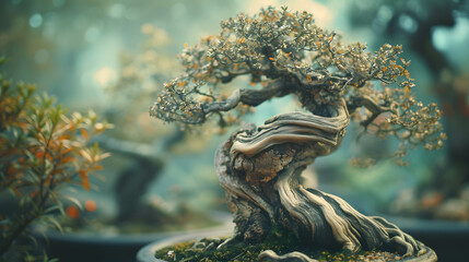 Ancient bonsai trees with twisted and gnarled branches background