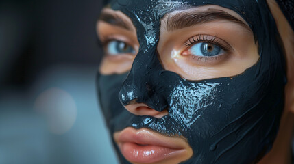 Close-up of a woman with a black facial mask, highlighting her eyes and skincare routine.