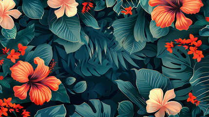 Abstract background with vines and tropical flowers. Copy space. Banner