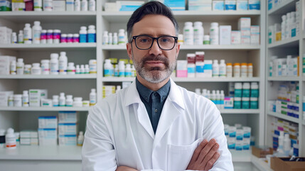 Fototapeta na wymiar Inside the Drugstore, Friendly Male Pharmacist in White Coat, Medicine and Beyond, Generative AI