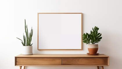 blank poster frame mockup on white wall with window with wooden chest of drawers and small green plant. 