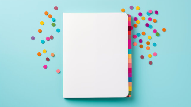Bloc note blanc sur fond color&eacute;, bleu. Mock-up. Papier, cahier, business, travail, bureau. Pour conception et cr&eacute;ation graphique.
