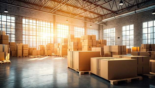 Contemporary warehouse interior with boxes and sunlight. 3D Rendering