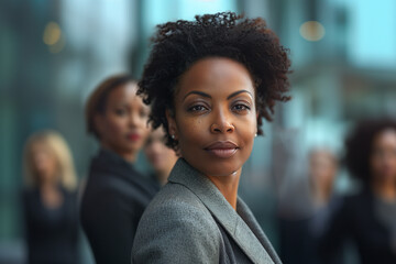 A woman with a serious expression stands in front of a group of people - obrazy, fototapety, plakaty