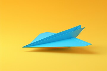 Blue paper airplane flying in a vibrant yellow sky 3D render stock photo on bright background