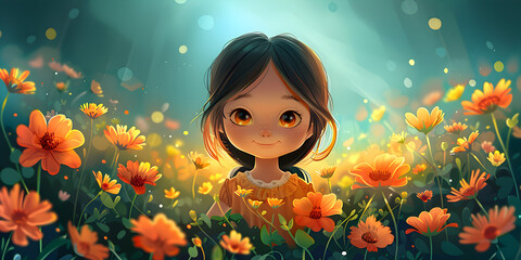 Cartoon girl holding a sparkler in a field of flowers,There is a girl in a dress walking through a field of flowers.