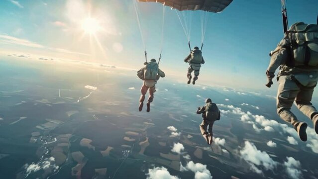 A group of skydivers jumps out of a plane to explore the aerial landscape.	

